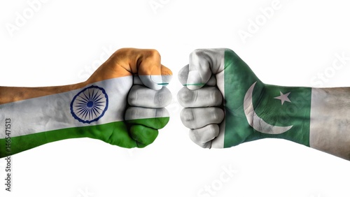 India - Pakistan relations concept. Flags of India and Pakistan painted on hands fists facing each other on white background
