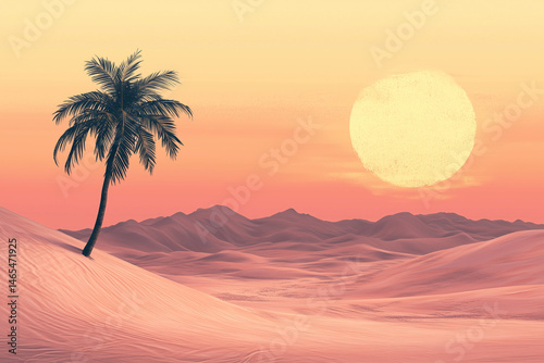palm tree stands in the desert at sunset. The sky is a mix of orange and pink hues, creating a warm and serene atmosphere