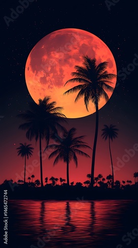 Crimson moon over a tropical isle.
