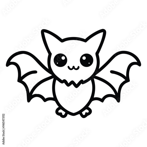 Outlined cartoon bat with happy eyes and extended wings appears simple and bold