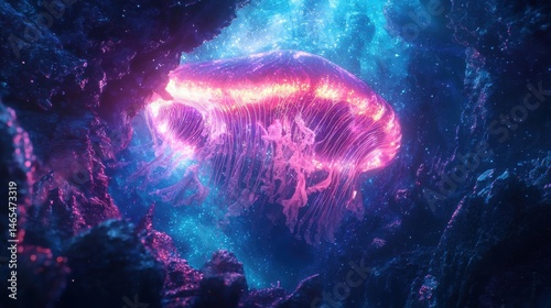 Bioluminescent Deep Sea Spectacle: Glowing Jellyfish Drifting Through a Mysterious Underwater Cave, Illuminated by Ethereal Light.