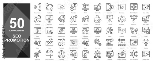 Essential SEO promotion icon collection. Includes optimization tools, analytics, traffic boost, link building, and keyword planning symbols.