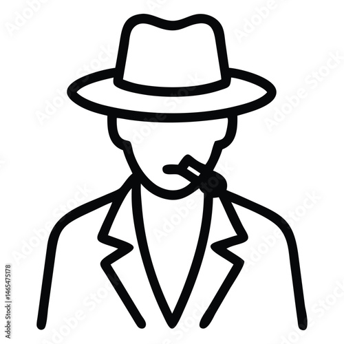 Outlined man wearing a fedora and suit coat holds a pipe in his mouth