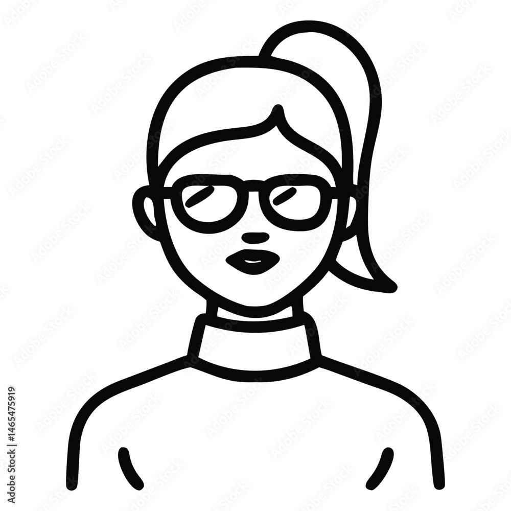 Outlined portrait shows a woman with a ponytail and wearing glasses looking forward Outlined portrait shows a woman with a ponytail and wearing glasses looking forward
