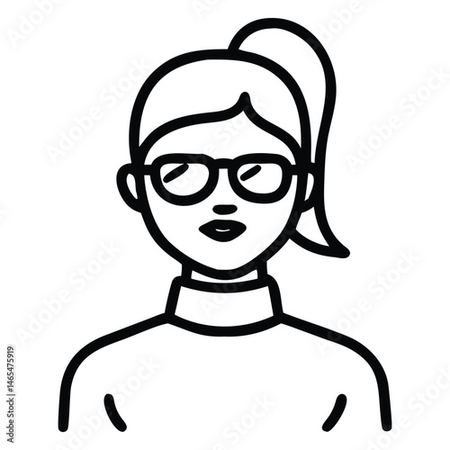 Outlined portrait shows a woman with a ponytail and wearing glasses looking forward