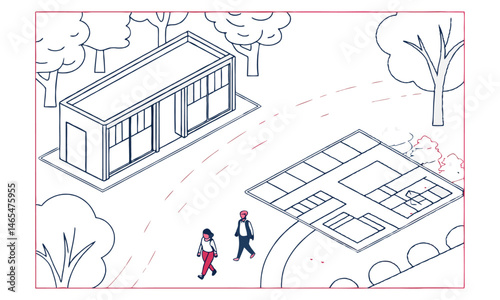 isometric, architectural illustration, minimalist modern small house or office building, large windows, flat roof, people walking by exterior, well-landscaped yard with trees and bushes, detailed line