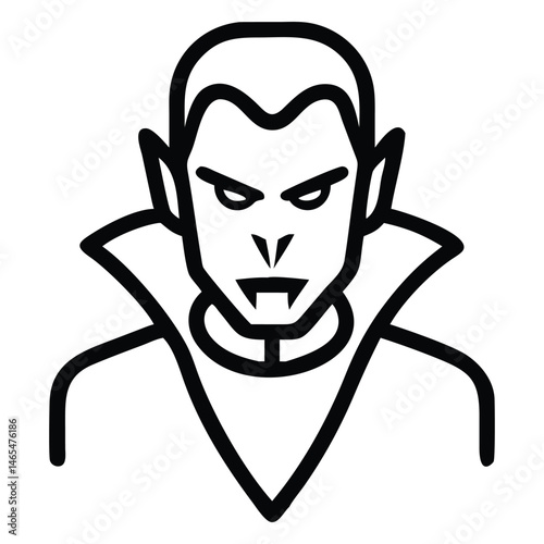 Outlined vampire icon with fangs and wide collar in a minimalist black style