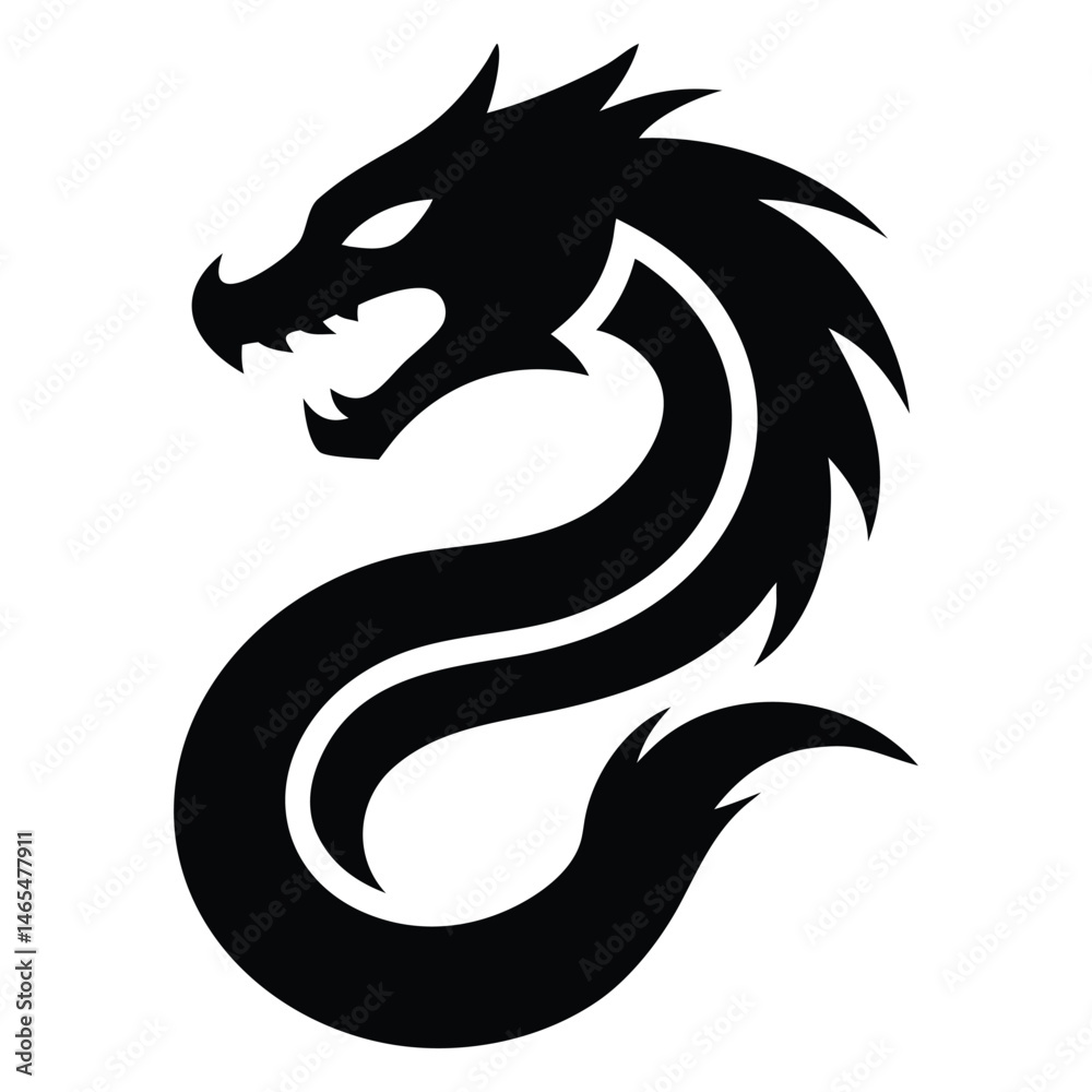 Powerful silhouette of a serpentine dragon with an open mouth coils against the white backdrop Powerful silhouette of a serpentine dragon with an open mouth coils against the white backdrop