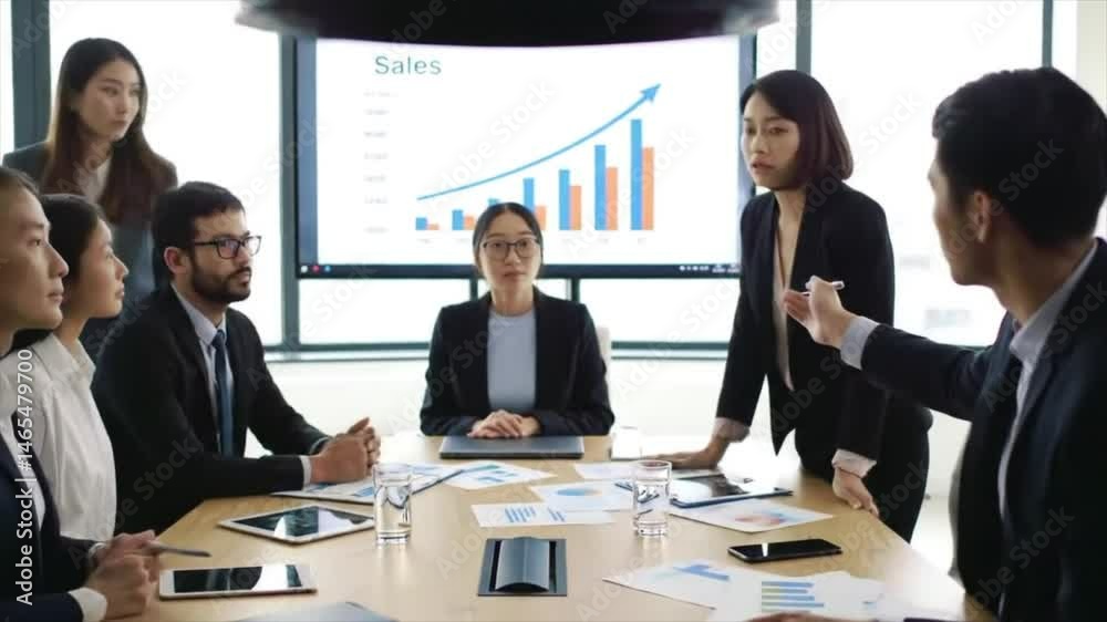 A diverse team of professionals in formal attire is engaged in a business meeting. They analyze sales growth data on a screen, discussing strategies and insights A diverse team of professionals in formal attire is engaged in a business meeting. They analyze sales growth data on a screen, discussing strategies and insights