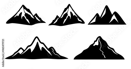 Five Unique Mountain Silhouettes with Snow-Capped Peaks in Stylized Black and White