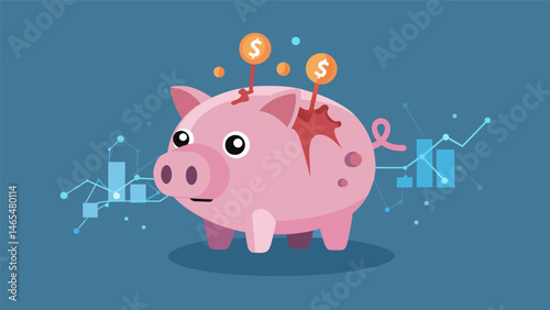 A cracked piggy bank with private data escaping through the cracks.. Vector illustration
