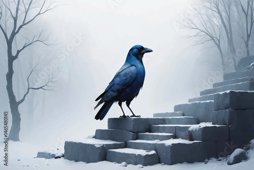 Blue Crow on Stone Steps in a Misty Winter Landscape