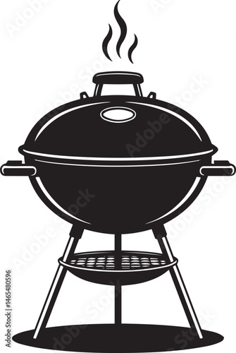 Black Silhouette Illustration of a Round Kettle Barbecue Grill with Smoke