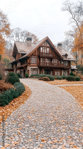 Autumnal view of a large, wooden chalet-style house with a gravel driveway, surrounded by fall foliage
