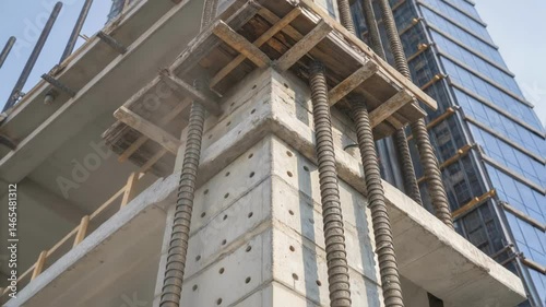 A closeup detailing the structural core of the skyscraper showcasing reinforced concrete elements designed to anchor the building against lateral wind forces.