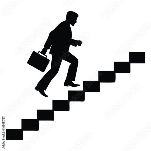 Silhouette of a businessman with briefcase ascends a staircase in determined motion, showing progress