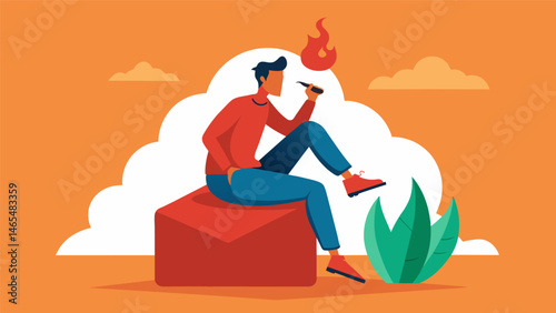 A humorous illustration of a person sitting on a block of ice with steam coming out of their mouth trying to cool down after taking a bite of an incredibly hot jalape o pepper.. Vector illustration