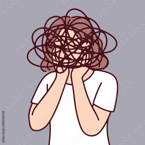 Young woman suffering from depression shown with tangled lines above her head symbolizing chaotic thoughts, mental health struggles, anxiety, emotional breakdown, sadness, stress, and psychological