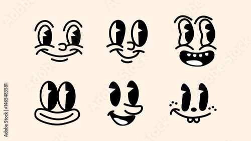 Vector vintage 50s cartoon faces and comic style happy expressions — retro sticker badges and logo mascots with smiling characters, face caricatures and emoji icons, perfect for branding, packaging