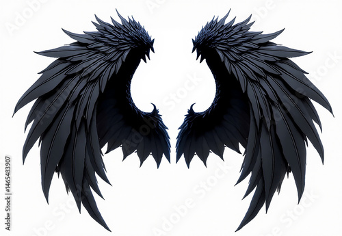 spread black dark demon feather angel of devil wings isolated on transparent and white background .generative AI