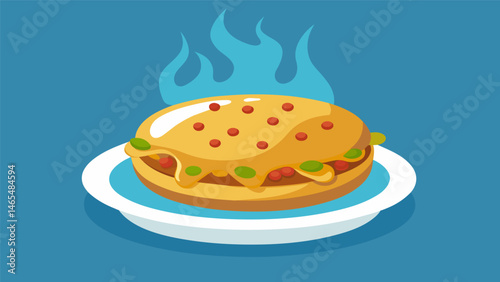 A steaming pupusa is sliced open revealing a gooey filling of cheese and beans topped with a generous sful of curtido.. Vector illustration