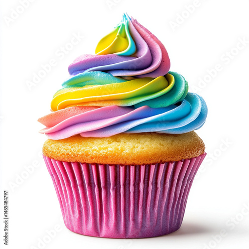 Colorful cupcake: A whimsical treat with rainbow frosting and a pink wrapper. Perfect for celebrations and sweet moments!