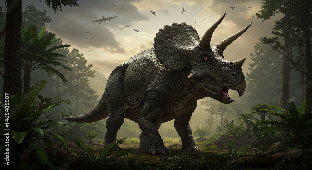 Fototapeta premium Triceratops Dinosaur Roaming Prehistoric Landscape 