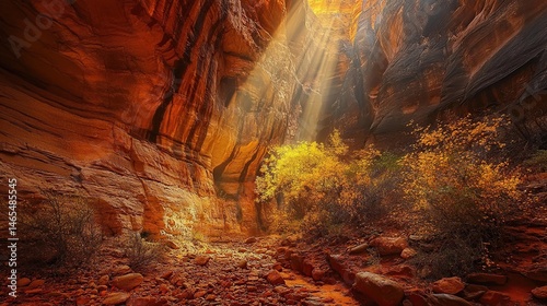 Sunbeams illuminating a vibrant canyon