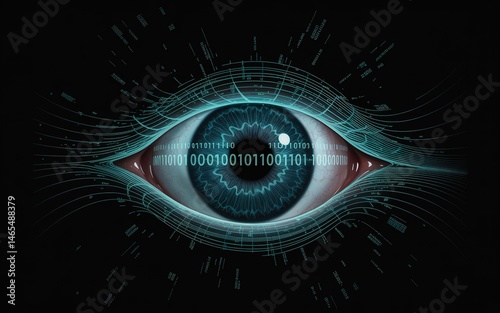 Eye showing binary code has digital lines overlaying on a dark background