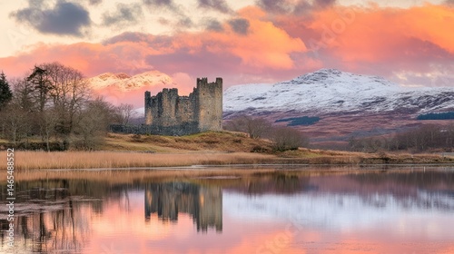Reflected Kilchurn Castle at Sunset with Scottish Highlands Backdrop
