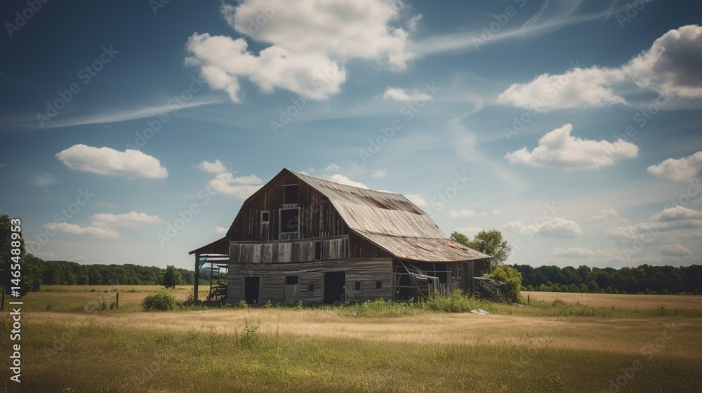 Old weathered barn in a golden field under a vibrant sky Old weathered barn in a golden field under a vibrant sky