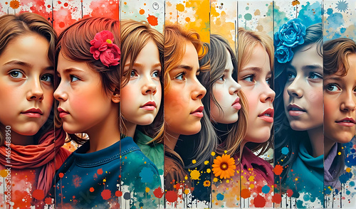 Side and front profile watercolor portraits of girls, celebrating Children's Day with vibrant colors