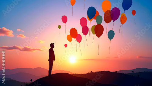 A silhouette of a man surrounded by floating balloons symbolizing fading memories, Alzheimer's disease.