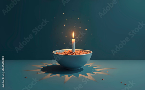 A glowing candle in a bowl creating a magical atmosphere with sparkling particles

