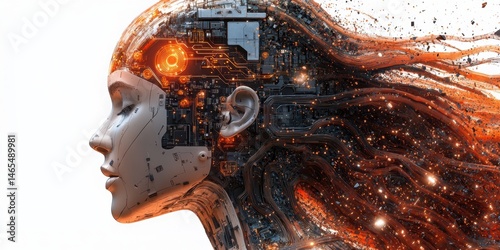 Detailed side view of a humanoid robot woman with intricate internal machinery and glowing orange circuits against a white background