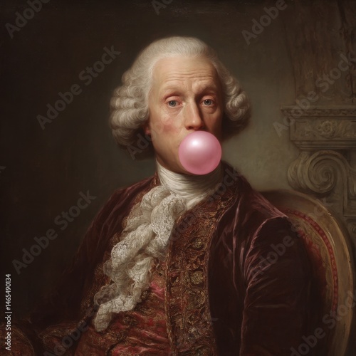Aristocratic man blowing pink bubble gum in a classical portrait