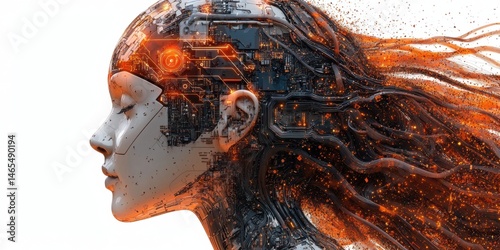 Futuristic female android head with exposed cybernetics, neural networks, glowing orange electrical streams, and flowing digital strands.