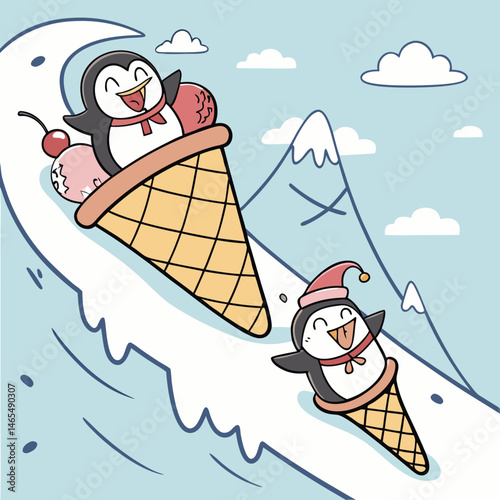 Silly penguins sliding on ice cream mountains and giggling