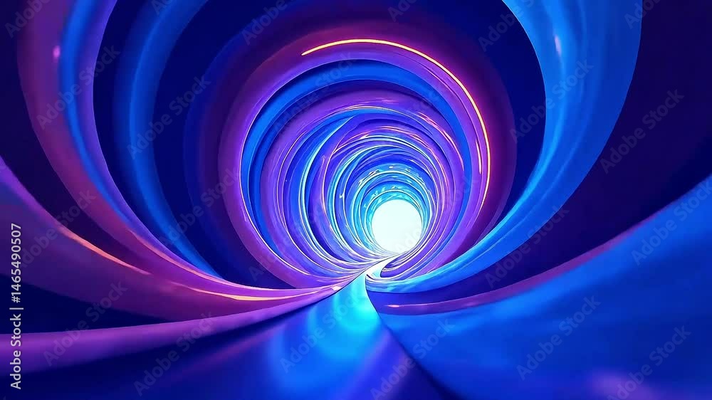 Futuristic tunnel with glowing blue and purple neon lights and circular pattern, visual design, spiral pattern, dynamic animation, abstract swirling neon lines