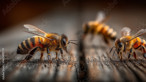 Obraz na płótnie abelhas no processo de polinização em flores, destacando a importância ecológica das abelhas para o ciclo das plantas, agricultura e preservação da biodiversidade w salonie