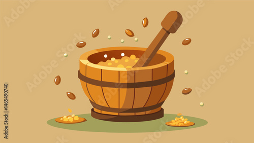 A large wooden mortar being used to mash freshly boiled beans an important step in the preparation of the dish.. Vector illustration