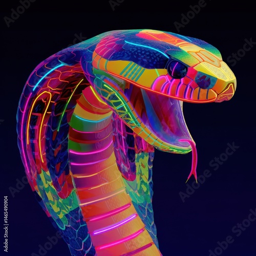 Neon cobra snake showing its colorful scales and fangs