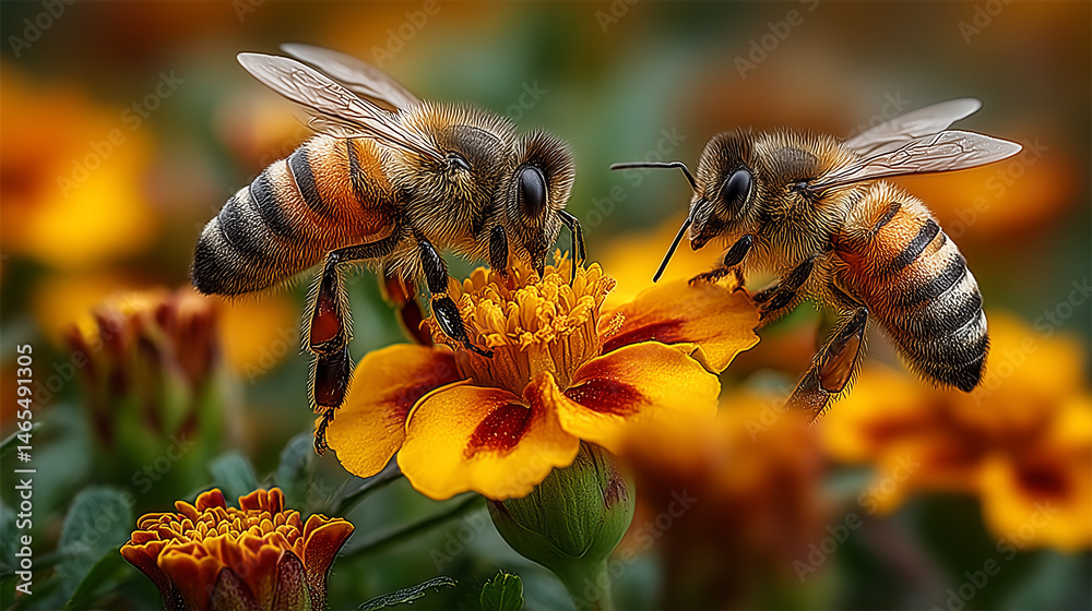 abelhas no processo de polinização em flores, destacando a importância ecológica das abelhas para o ciclo das plantas, agricultura e preservação da biodiversidade