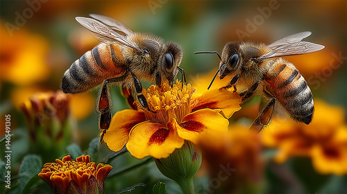 Obraz na płótnie abelhas no processo de polinização em flores, destacando a importância ecológica das abelhas para o ciclo das plantas, agricultura e preservação da biodiversidade w salonie
