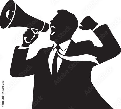 Black and White Silhouette Illustration of a businessman passionately shouting into a megaphone