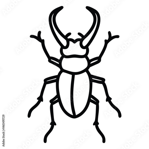 Simple line art depicts a stag beetle with prominent antlers and segmented legs clearly