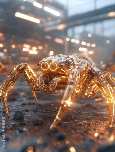 A golden robotic spider, intricate design, futuristic city backdrop