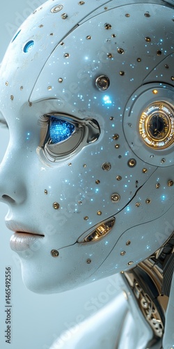 Close-up of Futuristic Female Robot Face with Glowing Circuitry and Metallic Details in a High-Tech Setting