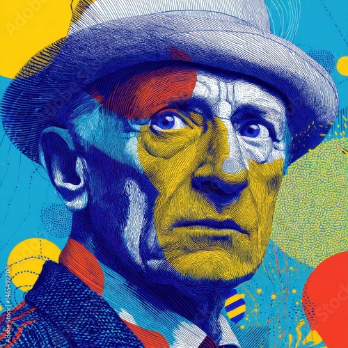 Senior man wearing hat, cubism inspired portrait