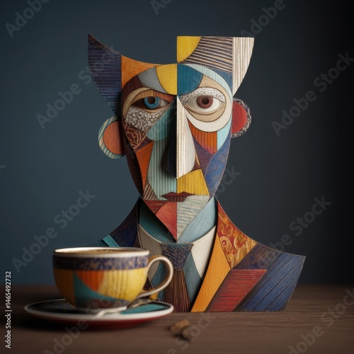 Cubist wooden bust wearing suit and tie enjoying a cup of coffee